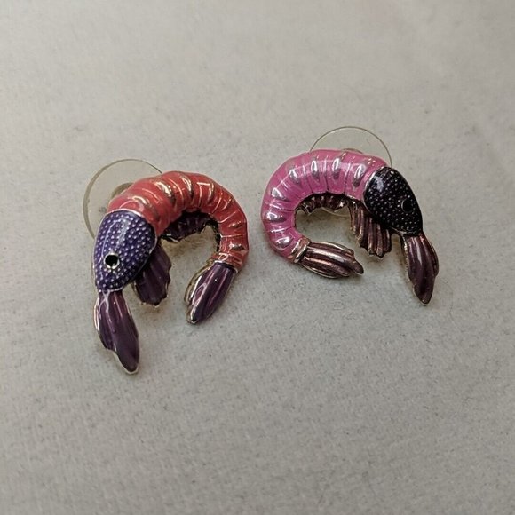 MJ Signed RARE VINTAGE Pink Shrimp Earrings Enamel Studs Purple EXCELLENT COND! - Picture 3 of 9